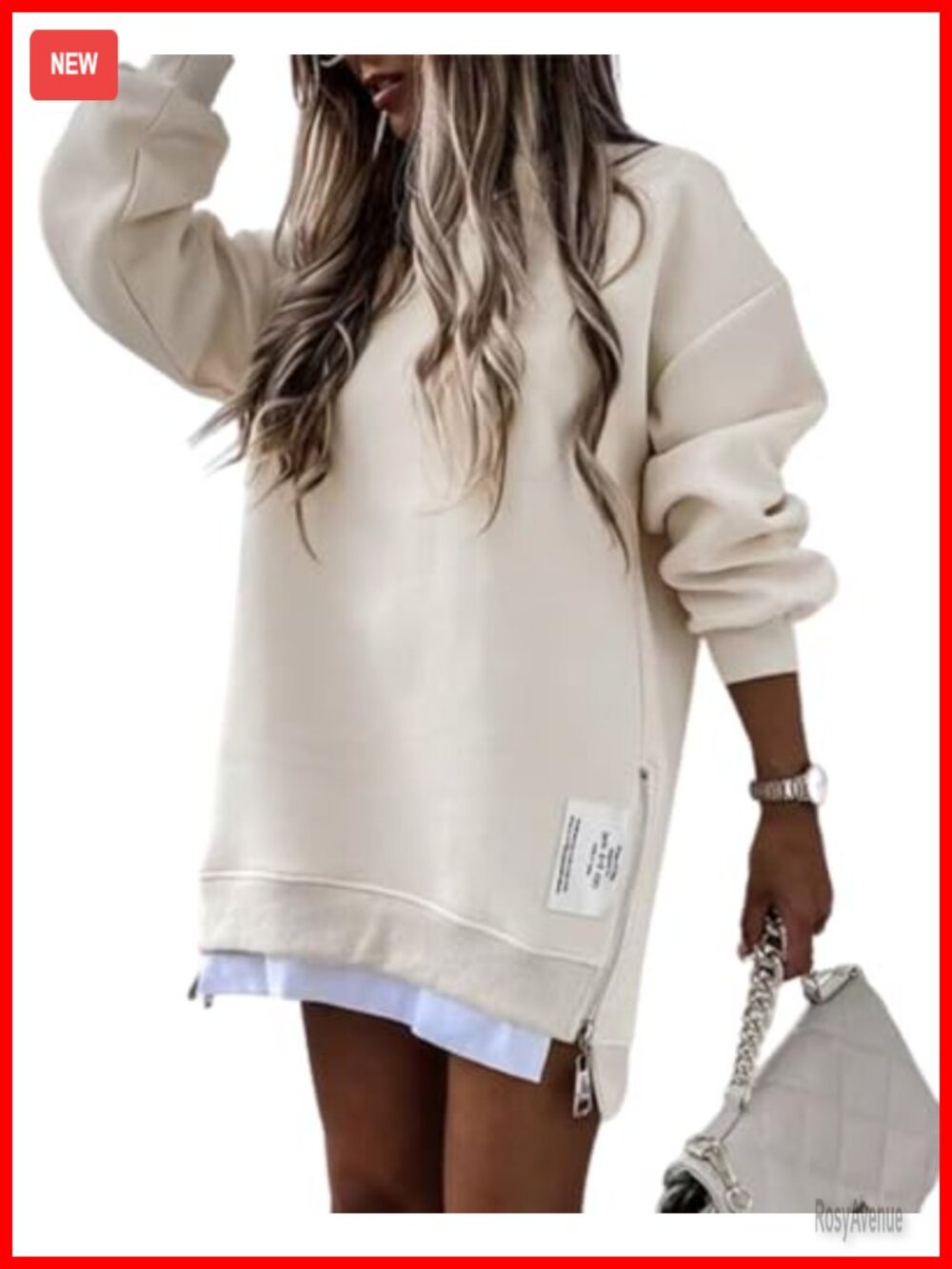 Oversized Crewneck Sweatshirt with Side Zipper Slit Pullover